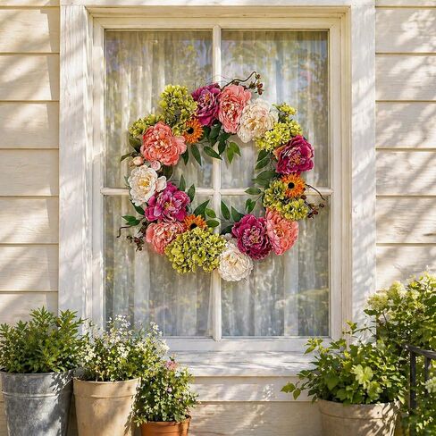 24 Inch Spring Peony Wreaths for Front Door, Large Summer Floral Door Wreath with Hydrangea, Farmhouse Front Door Wreath Decoration for Wedding Valentine Welcome Indoor Outdoor(Twig Base) in Saudi Arabia