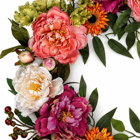 24 Inch Spring Peony Wreaths for Front Door, Large Summer Floral Door Wreath with Hydrangea, Farmhouse Front Door Wreath Decoration for Wedding Valentine Welcome Indoor Outdoor(Twig Base) in Saudi Arabia