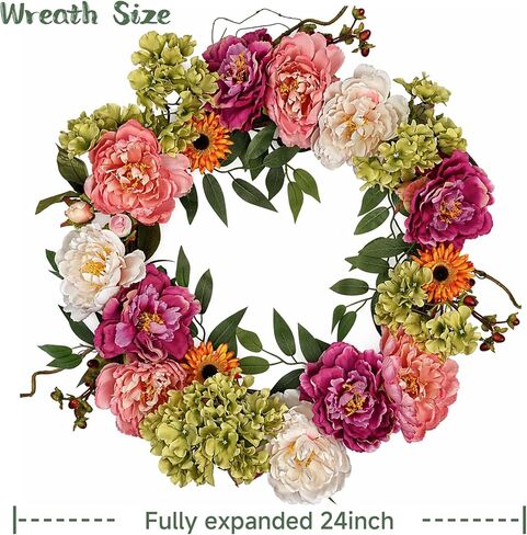 24 Inch Spring Peony Wreaths for Front Door, Large Summer Floral Door Wreath with Hydrangea, Farmhouse Front Door Wreath Decoration for Wedding Valentine Welcome Indoor Outdoor(Twig Base) in Saudi Arabia