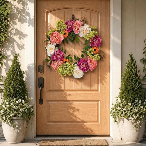 24 Inch Spring Peony Wreaths for Front Door, Large Summer Floral Door Wreath with Hydrangea, Farmhouse Front Door Wreath Decoration for Wedding Valentine Welcome Indoor Outdoor(Twig Base) in Saudi Arabia