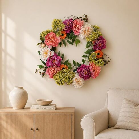 24 Inch Spring Peony Wreaths for Front Door, Large Summer Floral Door Wreath with Hydrangea, Farmhouse Front Door Wreath Decoration for Wedding Valentine Welcome Indoor Outdoor(Twig Base) in Saudi Arabia