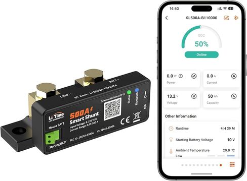 Litime 500A Bluetooth Battery Shunt, Compatible with 8V–120V Lead Acid, LFP, Lithium, AGM Batteries, SOC, Alarm Alerts, History Records, App Monitoring, Ideal for RV/Marine/Off-Grid in Saudi Arabia
