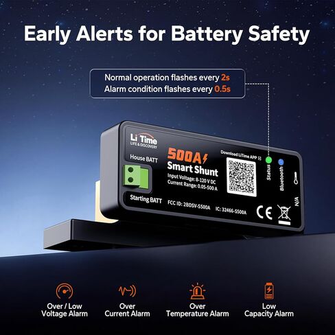Litime 500A Bluetooth Battery Shunt, Compatible with 8V–120V Lead Acid, LFP, Lithium, AGM Batteries, SOC, Alarm Alerts, History Records, App Monitoring, Ideal for RV/Marine/Off-Grid in Saudi Arabia