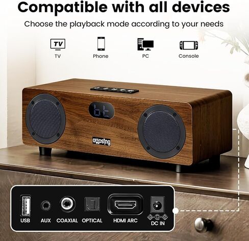 مكبر صوت بلوتوث 2.0 قناة 40 وات، بلوتوث 5.0 مع بصري/محوري/HDMI ARC/AUX/USB، مكبر صوت خشبي ضبط DSP يدعم MP3/WAV، صوت ستيريو للمنزل/الداخلي in Kuwait
