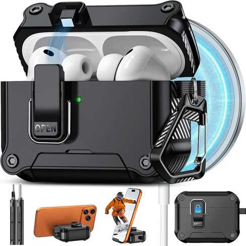 Pohgelan Compatible with AirPods Pro 3 Case with Lock,Magnetic Automatic Lock with Cleaning Kit,Compatible with Magsafe Cover (Black, AirPods Pro 3rd (2025)) in Saudi Arabia