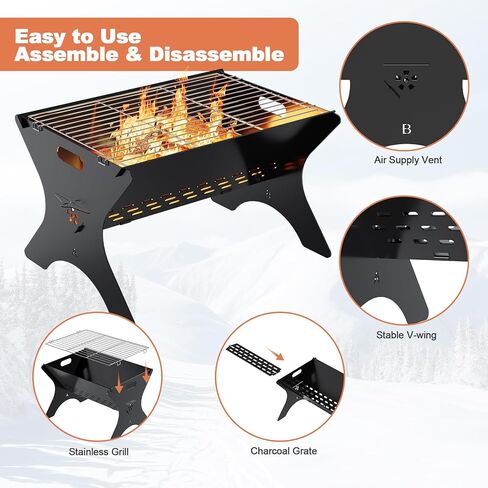 Camping Campfire Grill, 16"Lx12"D Portable Folding Charcoal Grills, Backpacking BBQ Grill with Carry Bag, Outdoor Fire pit for Camping, Picnic, Bonfire, Patio, Backyard in Saudi Arabia