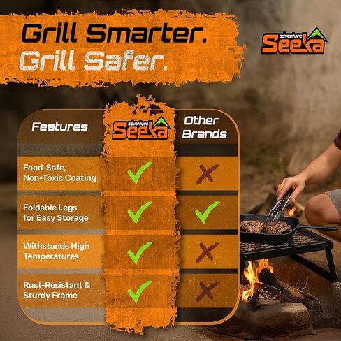 شواية إشعال النار القابلة للطي من Adventure Seeka - شواية محمولة فوق النار مع طلاء آمن للطعام، فولاذ شديد التحمل، مدمج مع أرجل قابلة للطي - التخييم، RV، الهبوط، حفر النار in Saudi Arabia