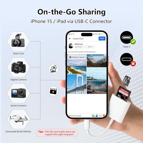 قارئ بطاقة SD لجهاز iPhone 15/16/17، قارئ بطاقة Sd USB C، قارئ بطاقة Micro Sd لجهاز iPad، قارئ بطاقة USB C Sd لجهاز iPad، التوصيل والتشغيل لا يتطلب تطبيق، محول للكاميرا الرقمية إلى الهاتف in Kuwait