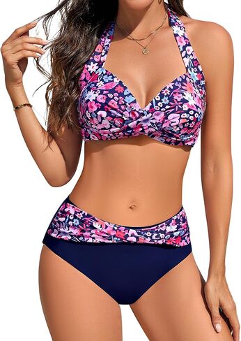 Women Push Up Bikini Set Twist Front Halter 2 Piece Print Swimsuit Tummy Control High Waisted Bathing Suit in Kuwait