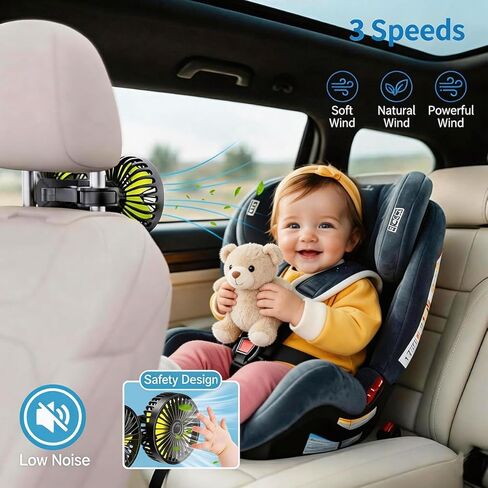 Car Fans for Backseat Kids, Car Fans Dual Head that Blow Cold Air, Cooling USB Back Seat 3 Speed 360 Degree Rotatable Headrest Fan, Adjustable Clip Vehicles Rear Seat Air Fan in Saudi Arabia