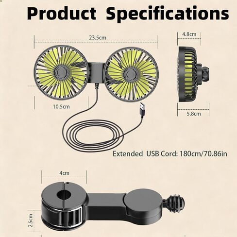 Car Fans for Backseat Kids, Car Fans Dual Head that Blow Cold Air, Cooling USB Back Seat 3 Speed 360 Degree Rotatable Headrest Fan, Adjustable Clip Vehicles Rear Seat Air Fan in Saudi Arabia