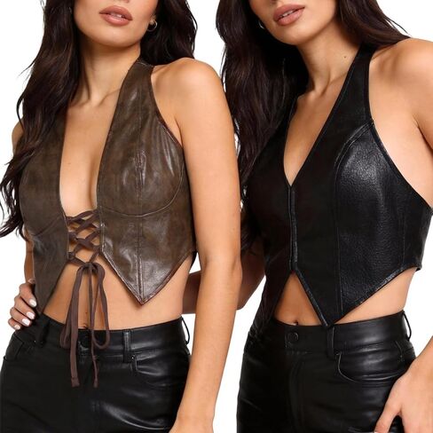 2 Pcs Women PU Leather Halter Tank Tops Sexy Deep V Neck Y2K Leather Tops Backless Sleeveless for Club Outfits Party in Saudi Arabia