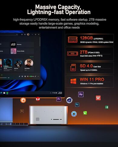 كمبيوتر صغير Beelink، GTR9 Pro AMD Ryzen AI Max+ 395 وحدة المعالجة المركزية (126 قطعة)، ذاكرة وصول عشوائي 128 جيجابايت، 2 تيرابايت SSD حاسم، كمبيوتر صغير 10 جيجا بايت ثنائي LAN/WiFi 7+BT5.4/8K شاشة رباعية/USB4.0 * 2/فتحة بطاقة SD/DeepSeek 70B in Saudi Arabia