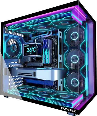 حافظة كمبيوتر MUSETEX Y6، مثبتة مسبقًا 7 مراوح PWM ARGB، حقيبة كمبيوتر ATX Mid Tower، حقيبة كمبيوتر للألعاب مع نوع C، زجاج مقسى كامل الرؤية بزاوية 270 درجة، أسود in Kuwait