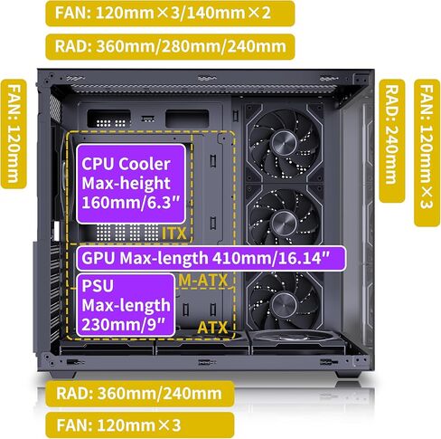 حافظة كمبيوتر MUSETEX Y6، مثبتة مسبقًا 7 مراوح PWM ARGB، حقيبة كمبيوتر ATX Mid Tower، حقيبة كمبيوتر للألعاب مع نوع C، زجاج مقسى كامل الرؤية بزاوية 270 درجة، أسود in Kuwait