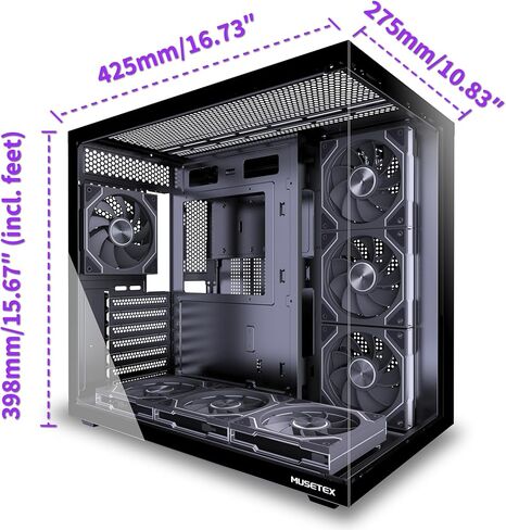 حافظة كمبيوتر MUSETEX Y6، مثبتة مسبقًا 7 مراوح PWM ARGB، حقيبة كمبيوتر ATX Mid Tower، حقيبة كمبيوتر للألعاب مع نوع C، زجاج مقسى كامل الرؤية بزاوية 270 درجة، أسود in Kuwait