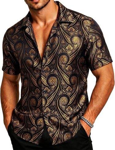 DiBanGu Men's Silk Shirt,Casual Short Sleeve Button Down Shirt Regular Fit Summer Shirt Beach Party in Saudi Arabia