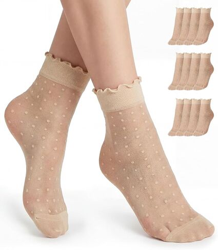 Century Star 12 Pairs Women's Sheer Ruffle Socks，Cute Ultra Thin Lace Ankle Nylon Polka Dot Socks, Mesh See Through in Saudi Arabia