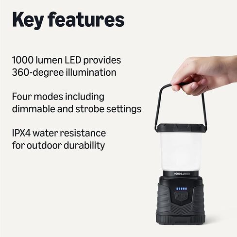 Amazon Basics Camping Essentials Lantern, 360-Degree 1000 Lumen LED, Adjustable Dimmable with 4 Lighting Modes, Water Resistant IPX4, Black (Batteries Not Included) in Saudi Arabia