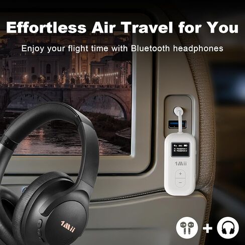 1Mii SafeFly Dual | محول بلوتوث للطائرة لأجهزة AirPods أو سماعات الرأس، جهاز إرسال بلوتوث مع شاشة، التحكم في مستوى الصوت، aptX Adaptive & HD، مقبس صوت Aux 3.5 مم للطائرة، رحلة السفر in Kuwait