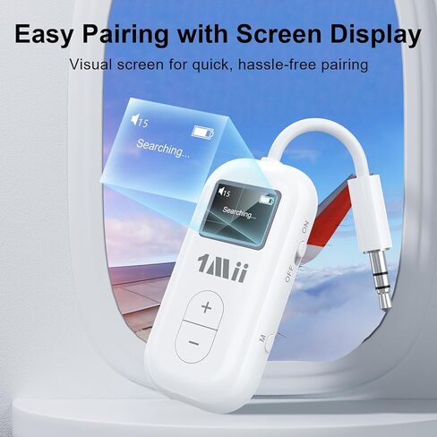 1Mii SafeFly Dual | محول بلوتوث للطائرة لأجهزة AirPods أو سماعات الرأس، جهاز إرسال بلوتوث مع شاشة، التحكم في مستوى الصوت، aptX Adaptive & HD، مقبس صوت Aux 3.5 مم للطائرة، رحلة السفر in Kuwait