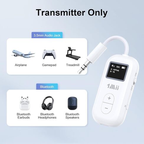 1Mii SafeFly Dual | محول بلوتوث للطائرة لأجهزة AirPods أو سماعات الرأس، جهاز إرسال بلوتوث مع شاشة، التحكم في مستوى الصوت، aptX Adaptive & HD، مقبس صوت Aux 3.5 مم للطائرة، رحلة السفر in Kuwait
