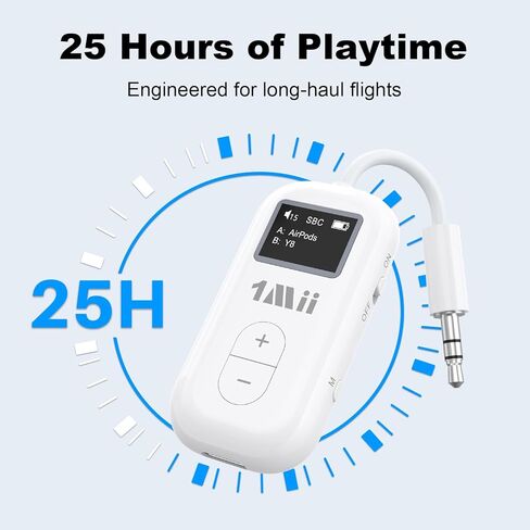1Mii SafeFly Dual | محول بلوتوث للطائرة لأجهزة AirPods أو سماعات الرأس، جهاز إرسال بلوتوث مع شاشة، التحكم في مستوى الصوت، aptX Adaptive & HD، مقبس صوت Aux 3.5 مم للطائرة، رحلة السفر in Kuwait