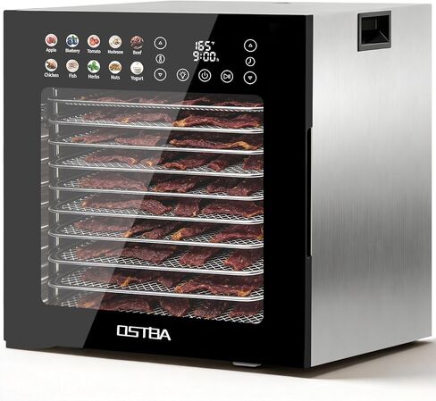 مجفف طعام ثنائي المنطقة من OSTBA، 20 صينية من الفولاذ المقاوم للصدأ، مجفف طعام بطبقة مزدوجة 1300 وات، درجة حرارة قابلة للتعديل 180 درجة فهرنهايت، مؤقت رقمي 48 ساعة، 10 إعدادات مسبقة للوجبات المقدد واللحوم والفواكه والأعشاب والاستخدام المنزلي والتجاري in Kuwait