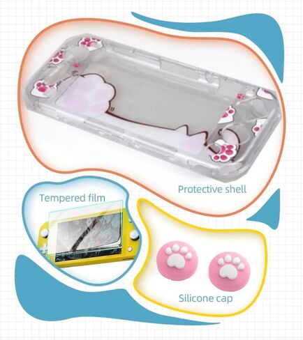 CEDER Protective Case for Nintendo Switch Lite, Pink Cat Paw Theme, Hard Polycarbonate with Tempered Glass Screen Protector and Joystick Caps in Saudi Arabia