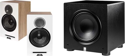 ELAC DBR62-W - مكبرات صوت على رف الكتب مقاس 6.5 بوصة - باللون الأبيض، زوج، DCR52-W - مكبر صوت مركزي مقاس 5.25 بوصة - باللون الأبيض PS250-BK - مضخم صوت Varro Premium مقاس 10 بوصات بقدرة 250 وات مع in Kuwait