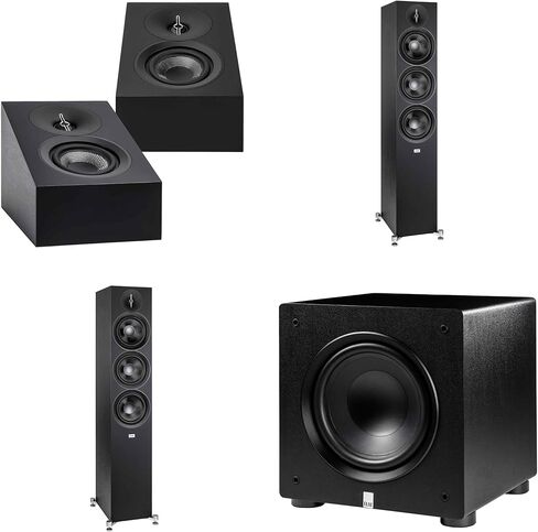 ELAC DF63-BK - مكبر صوت أرضي Debut 3.0 مقاس 6.5 بوصة - أسود (زوج)، DA43-BK Debut 3.0 - DA43-BK Atmos/مكبر صوت على الحائط PS250-BK - مضخم صوت Varro Premium 10 بوصة بقدرة 250 وات مع معادل صوت تلقائي in Kuwait