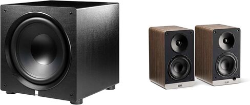 ELAC DCB41-WN - مكبرات صوت تعمل بالطاقة Debut ConneX مقاس 4.5 بوصة - جوز، زوج PS500-BK - مضخم صوت Varro Premium مقاس 15 بوصة بقوة 500 وات مع معادل تلقائي in Kuwait