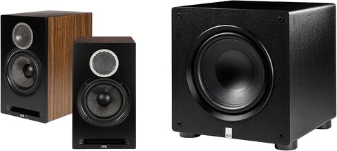 ELAC DBR62-BK - مكبرات صوت على رف الكتب مقاس 6.5 بوصة - باللون الأسود، زوج PS350-BK - مضخم صوت Varro Premium مقاس 12 بوصة بقدرة 350 وات مع تقنية EQ التلقائي in Kuwait