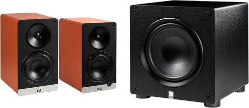 ELAC DCB41-OR - مكبرات صوت تعمل بالطاقة Debut ConneX مقاس 4.5 بوصة - برتقالي، زوج PS350-BK - مضخم صوت Varro Premium مقاس 12 بوصة بقوة 350 وات مع تقنية EQ التلقائي in Kuwait
