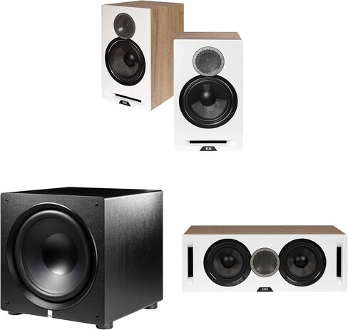 ELAC DBR62-W - مكبرات صوت على رف الكتب مقاس 6.5 بوصة - باللون الأبيض، زوج، DCR52-W - مكبر صوت مركزي مقاس 5.25 بوصة - باللون الأبيض PS500-BK - مضخم صوت Varro Premium مقاس 15 بوصة بقدرة 500 وات مع in Kuwait