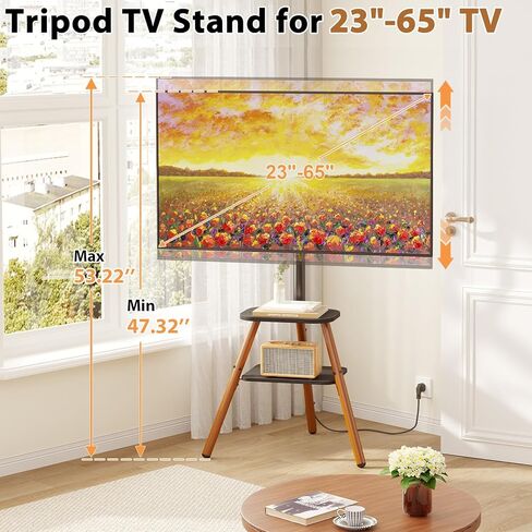 Tripod Easel TV Stand for 23-65 Inch TVs, Floor TV Stand with 2 Shelves and Cable Management for Bedroom/Living Room, Holds up to 80 lbs Adjustable Height Max VESA 400x400mm, Artistic Black Walnut in Saudi Arabia