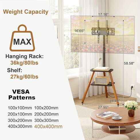 Tripod Easel TV Stand for 23-65 Inch TVs, Floor TV Stand with 2 Shelves and Cable Management for Bedroom/Living Room, Holds up to 80 lbs Adjustable Height Max VESA 400x400mm, Artistic Black Walnut in Saudi Arabia