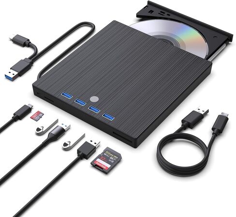 محرك أقراص DVD خارجي، 9 في 1 USB 3.0 وكاتب مشغل أقراص مضغوطة من النوع C مع 4 منافذ USB وفتحتين لبطاقة TF/SD، برنامج تشغيل قرص بصري رفيع جدًا لأجهزة الكمبيوتر المحمول Mac PC Windows Linux OS in Kuwait
