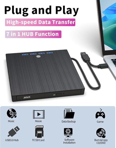 محرك أقراص DVD خارجي، 9 في 1 USB 3.0 وكاتب مشغل أقراص مضغوطة من النوع C مع 4 منافذ USB وفتحتين لبطاقة TF/SD، برنامج تشغيل قرص بصري رفيع جدًا لأجهزة الكمبيوتر المحمول Mac PC Windows Linux OS in Kuwait