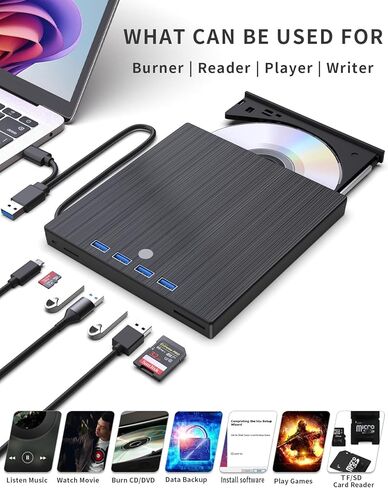 محرك أقراص DVD خارجي، 9 في 1 USB 3.0 وكاتب مشغل أقراص مضغوطة من النوع C مع 4 منافذ USB وفتحتين لبطاقة TF/SD، برنامج تشغيل قرص بصري رفيع جدًا لأجهزة الكمبيوتر المحمول Mac PC Windows Linux OS in Kuwait