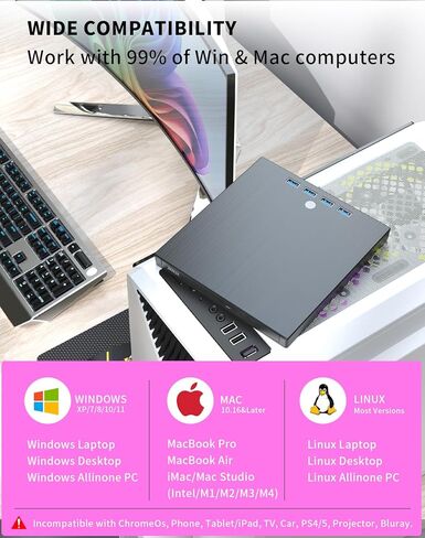محرك أقراص DVD خارجي، 9 في 1 USB 3.0 وكاتب مشغل أقراص مضغوطة من النوع C مع 4 منافذ USB وفتحتين لبطاقة TF/SD، برنامج تشغيل قرص بصري رفيع جدًا لأجهزة الكمبيوتر المحمول Mac PC Windows Linux OS in Kuwait
