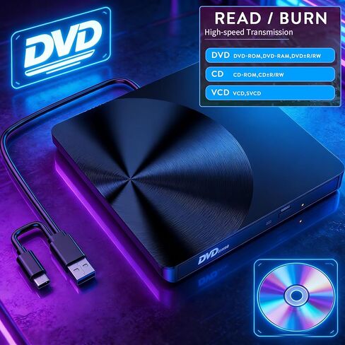 محرك أقراص CD/DVD خارجي محمول، USB 3.0 وUSB C CD Burner +/-RW RW Burner CD ROM قارئ القرص الكاتب الناسخ محرك الأقراص الضوئية لأجهزة الكمبيوتر المحمول وأجهزة الكمبيوتر المكتبية Windows 11/10/8/7 Apple Mac Pro MacBook Mac Linux in Kuwait