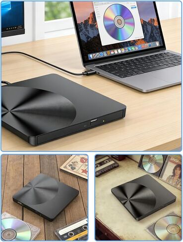 محرك أقراص CD/DVD خارجي محمول، USB 3.0 وUSB C CD Burner +/-RW RW Burner CD ROM قارئ القرص الكاتب الناسخ محرك الأقراص الضوئية لأجهزة الكمبيوتر المحمول وأجهزة الكمبيوتر المكتبية Windows 11/10/8/7 Apple Mac Pro MacBook Mac Linux in Kuwait