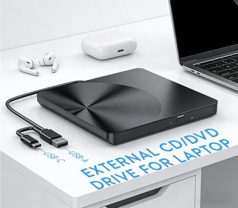 محرك أقراص CD/DVD خارجي محمول، USB 3.0 وUSB C CD Burner +/-RW RW Burner CD ROM قارئ القرص الكاتب الناسخ محرك الأقراص الضوئية لأجهزة الكمبيوتر المحمول وأجهزة الكمبيوتر المكتبية Windows 11/10/8/7 Apple Mac Pro MacBook Mac Linux in Kuwait