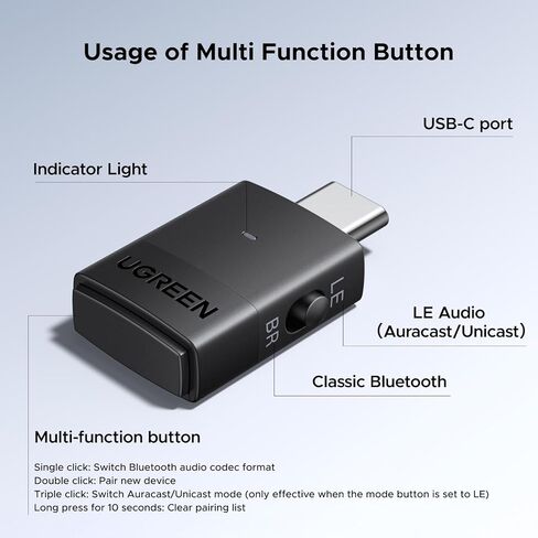 UGREEN USB-C Bluetooth Adapter for PS5, Gaming Consoles & PC, Bluetooth 6.0 Transmitter with LE Audio, aptX Adaptive/HD/aptX/SBC, Dual Pairing & One-to-Many Broadcast for Wireless Headphones Speakers in Saudi Arabia