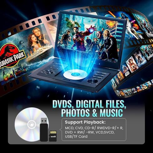 مشغل DVD محمول مع شاشة دوارة 15.4 بوصة، بطارية قابلة لإعادة الشحن، جهاز تحكم عن بعد، مشغل DVD للسيارة مع مكبرات صوت مزدوجة، مشغل DVD محمول للأطفال، يدعم CD/DVD/بطاقة SD/USB، يتضمن حقيبة تخزين in Kuwait