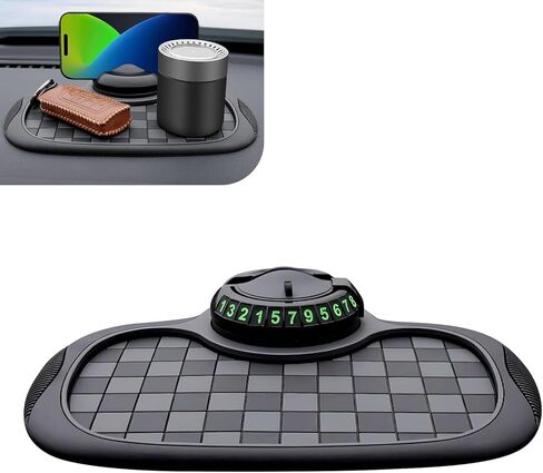 Multifunction Car Anti-Slip Mat, Storage Pad & Rotatable Phone Holder & Parking Number Plate, 9.2" x 7" Organizer Pad for Phone Key Sunglass, Dashboard Storage Accessory for Cars (Black) in Saudi Arabia