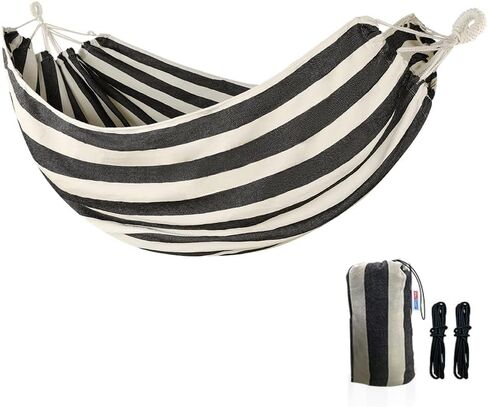 Cotton Canvas Hammock, Comfortable Fabric Camping Hammock with Tree Straps, Up to 440lbs with Travel Bag for Camping Outdoor/Indoor Patio Backyard(Black&White, Without bar) in Saudi Arabia