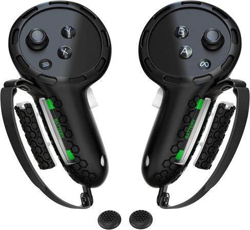 Controller Grips Compatible with Meta Quest 3S Oculus Quest 3 Controllers Straps Knuckle Hand Strap with Battery Opening Covers with Thumbsticks Covers Black, Batteries Not Included in Saudi Arabia