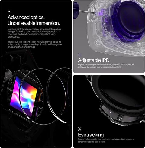 Beyond 2e: سماعة رأس للكمبيوتر الشخصي خفيفة الوزن للغاية (108 جرام)، شاشات Micro-OLED، دقة 2560 × 2560 لكل عين، 116 مجال رؤية، تتبع العين وDFR، تشغيل ألعاب الواقع الافتراضي على الكمبيوتر، ومحاكاة الطيران والسباق in Kuwait